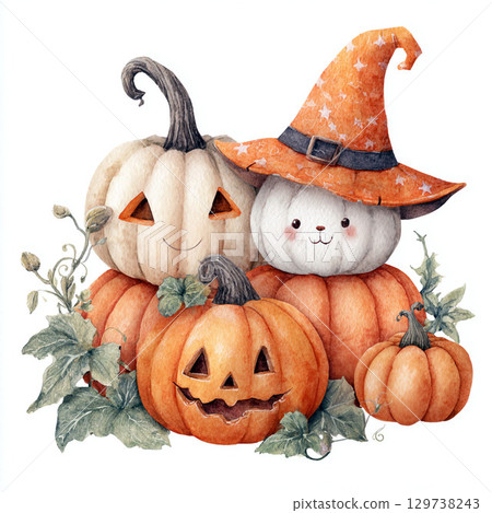 Halloween watercolor illustration of a character wearing a witch hat and a pumpkin 129738243