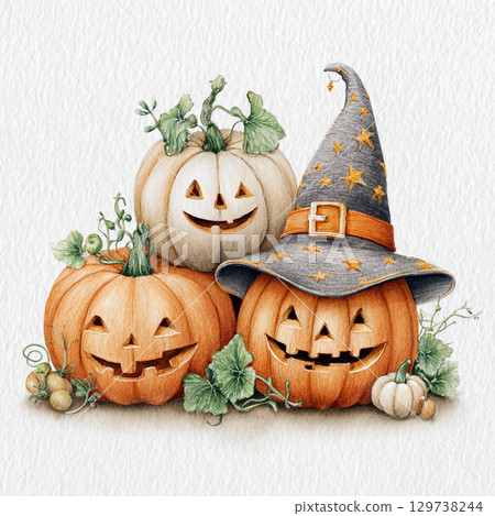 Halloween watercolor illustration of a jack-o'-lantern wearing a witch hat 129738244