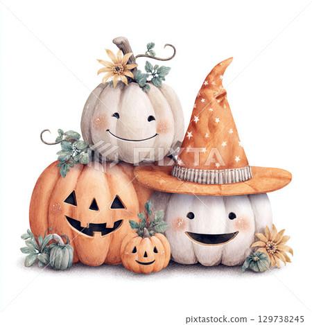 Watercolor Halloween illustration of a cute jack-o'-lantern wearing a witch hat Watercolor Halloween illustration of a cute jack-o'-lantern wearing a witch hat 129738245