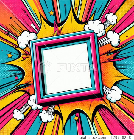 Vibrant Pop Art Frame with Explosion and Stars with Generative AI. 129738268