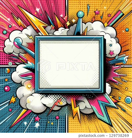 Vibrant Pop Art Frame with Explosion and Stars with Generative AI. 129738269