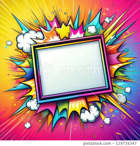 Vibrant Pop Art Frame with Explosion and Stars with Generative AI. 129738347