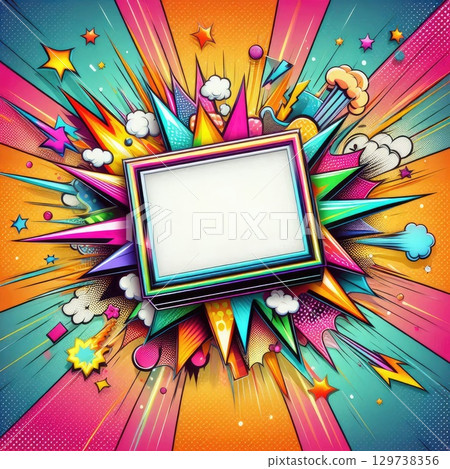 Vibrant Pop Art Frame with Explosion and Stars with Generative AI. 129738356
