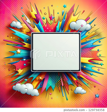 Vibrant Pop Art Frame with Explosion and Stars with Generative AI. 129738358