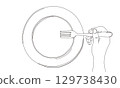 A simple line drawing of a hand holding a fork and a plate 129738430