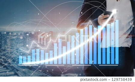 Businessman in Suit Analyzing Growth Data on Smartphone with Digital Graph and City Skyline in Background, Modern Financial Technology Concept for Stock Photos Copula Businessman in Suit Analyzing Growth Data on Smartphone with Digital Graph and City Skyline in Background, Modern Financial Technology Concept for Stock Photos Copula 129738439