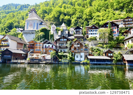 Hallstatt, Austria: Spectacular views of the lakeside town and mountains Hallstatt, Austria: Spectacular views of the lakeside town and mountains 129738471