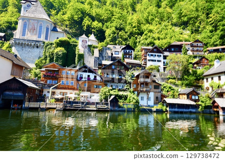 Hallstatt, Austria: Spectacular views of the lakeside town and mountains Hallstatt, Austria: Spectacular views of the lakeside town and mountains 129738472