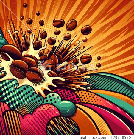 Retro Coffee Explosion: Vibrant Swirls and Beans in Pop Art Style with Generative AI. Retro Coffee Explosion: Vibrant Swirls and Beans in Pop Art Style with Generative AI. 129738550