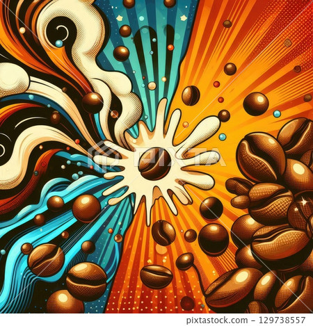 Retro Coffee Explosion: Vibrant Swirls and Beans in Pop Art Style with Generative AI. 129738557