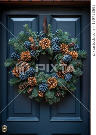 Christmas wreath with blue berries and pine cones hangs on black door 129738692