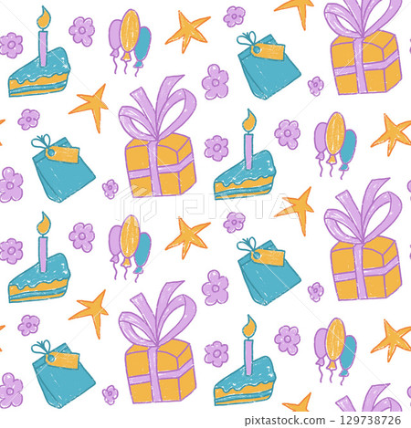 Birthday party multi color crayon seamless pattern. Festive doodle gift, stars and balloon endless background. Hand drawn cake with candle and flowers continuous cover. Vector hand drawn illustration Birthday party multi color crayon seamless pattern. Festive doodle gift, stars and balloon endless background. Hand drawn cake with candle and flowers continuous cover. Vector hand drawn illustration 129738726