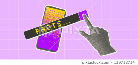 Facts search halftone and pixel stickers background template. Collage with pixel art searching bar and phone with hand magazine cutouts. Vector y2k illustration isolated on purple grid background Facts search halftone and pixel stickers background template. Collage with pixel art searching bar and phone with hand magazine cutouts. Vector y2k illustration isolated on purple grid background 129738734