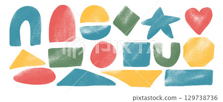 Paint playful linocut rolled geometric shapes with noise set. Text boxes grainy textured frames. Rhombus, heart with arch, octagon grainy scribbles callouts. Vector hand drawn stickers shapes 129738736