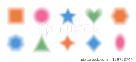 Blur multicolors gradation geometric figures set. Shade childish gradient textured y2k school elements. Oval, rectangle, star and circle smooth kids stickers. Vector simple forms figures Blur multicolors gradation geometric figures set. Shade childish gradient textured y2k school elements. Oval, rectangle, star and circle smooth kids stickers. Vector simple forms figures 129738744