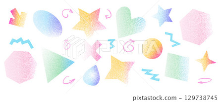 Grainy gradient shapes set. Abstract figures with noise for modern background. Vector geometric icons with dots colorful design. Arrow, heart and circle forms isolated on white backdrop Grainy gradient shapes set. Abstract figures with noise for modern background. Vector geometric icons with dots colorful design. Arrow, heart and circle forms isolated on white backdrop 129738745