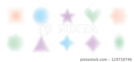 Soft dots gradient geometric shapes. Simple kids forms with noise set. Text boxes grainy effect. Y2k blinks and triangle textured frames. Star, heart and circle. Vector quotation stickers shapes 129738746