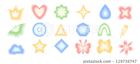 Blur gradient geometric shape set. Y2k retro heart, drop and circle with flower forms. Colorful butterfly and crown icons on white background. Trendy effect with blurry texture. Vector illustration 129738747