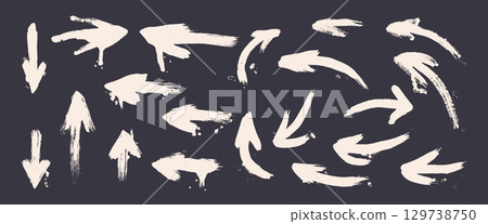 Arrows white brush drawn set. Spray graffiti paint straight and curved point elements isolated on dark background. Grunge hand drawn textured navigation. Urban street turn sign. Vector illustration 129738750