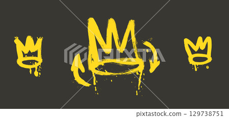 Crowns spray paint set. Graffiti paint brush king and queen elements isolated on dark background. Grunge brush textured crown shapes with arrows. Urban street scribbles. Vector illustration Crowns spray paint set. Graffiti paint brush king and queen elements isolated on dark background. Grunge brush textured crown shapes with arrows. Urban street scribbles. Vector illustration 129738751