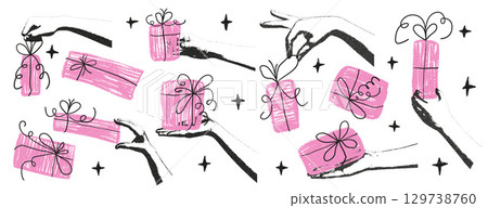 Photocopy effect female hands with holding doodle gifts boxes collage set. Cutout opened arms palm with crayon presents for mixed media design. Vector retro bitmap illustration isolated 129738760