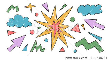 Vibrant abstract geometric elements crayon drawn set. Arrow, clouds and star with triangles doodle shapes on white background. Kindergarten naive figures. Vector childish scribble graphic wax crayon 129738761