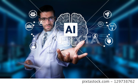 Medical Professional Representing Artificial Intelligence in Healthcare with Technology Elements and Digital Brain Visualization for Future Medical Innovations. PHMT Medical Professional Representing Artificial Intelligence in Healthcare with Technology Elements and Digital Brain Visualization for Future Medical Innovations. PHMT 129738762