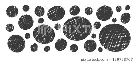 Circle black figures by charcoal set. Polka dots marker stencils shapes pack. Vector hand drawn kids ellipse and round elements collection illustration isolated on white background Circle black figures by charcoal set. Polka dots marker stencils shapes pack. Vector hand drawn kids ellipse and round elements collection illustration isolated on white background 129738767