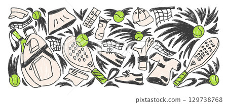 Padel crayon drawn set. Paddle tennis racket, balls, sport shoes hand drawn doodle isolated. Scribble sport equipment elements. Net, visors, dynamic shots. Vector fitness hobby illustration by pencil 129738768