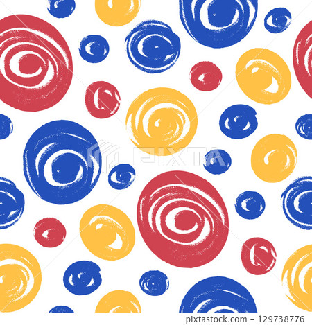 Circles multi colors seamless pattern. Crayon large and small kids circled spots endless background. Round blue, red and yellow polka dots continuous ornament. Vector hand drawn illustration 129738776