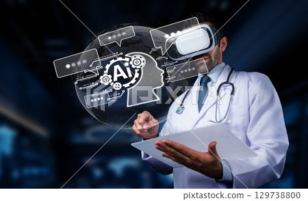 Doctor in Virtual Reality with AI Concept Demonstrating Health Technology Innovations and Future Medical Solutions. PHMT Doctor in Virtual Reality with AI Concept Demonstrating Health Technology Innovations and Future Medical Solutions. PHMT 129738800