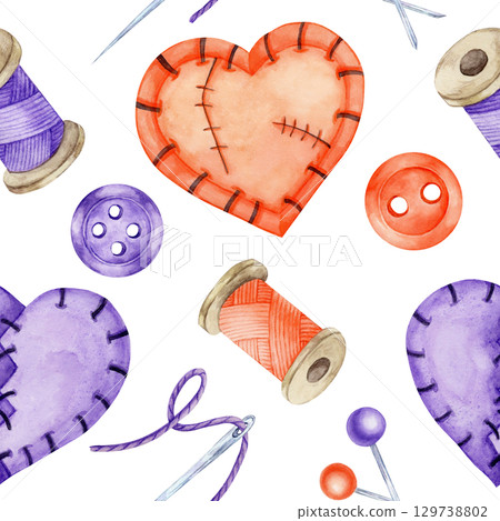 Orange stitched hearts, purple hearts, sewing threads, and buttons in a colorful watercolor illustration seamless pattern. Ideal for textile, scrapbooking, and packaging design Orange stitched hearts, purple hearts, sewing threads, and buttons in a colorful watercolor illustration seamless pattern. Ideal for textile, scrapbooking, and packaging design 129738802