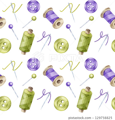 Green and violet thread spools, green and purple buttons, sewing needles and pins. Watercolor clipart seamless pattern great for DIY planners, printable papers, or sewing notebooks. Green and violet thread spools, green and purple buttons, sewing needles and pins. Watercolor clipart seamless pattern great for DIY planners, printable papers, or sewing notebooks. 129738825