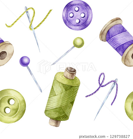 Green and purple buttons, green and violet thread spool, light green and purple stitched needles and pins. Watercolor clipart seamless pattern perfect for sewing blog headers, DIY branding, or tags Green and purple buttons, green and violet thread spool, light green and purple stitched needles and pins. Watercolor clipart seamless pattern perfect for sewing blog headers, DIY branding, or tags 129738827