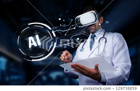 Medical professional using virtual reality technology to explore artificial intelligence applications in healthcare and patient treatment methods in a futuristic setting. PHMT Medical professional using virtual reality technology to explore artificial intelligence applications in healthcare and patient treatment methods in a futuristic setting. PHMT 129738859