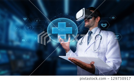 Healthcare Professional Using Virtual Reality Technology to Enhance Medical Training and Patient Care with Interactive Digital Health Elements. PHMT 129738917