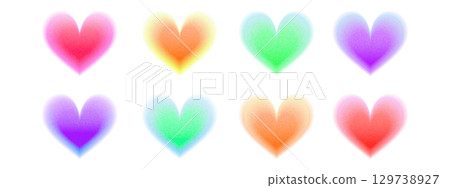 Heart gradient shape set with Y2K blur effect. Gradation figure collection featuring noise pattern and grain background elements. Vector. 129738927