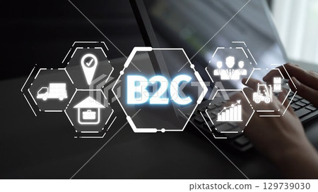 B2C Business Model with Consumer Delivery, Retail, and Growth Icons Muxer 129739030