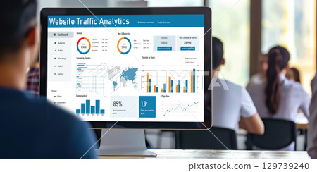Computer software for website traffic analytics data on computer screen brisk 129739240
