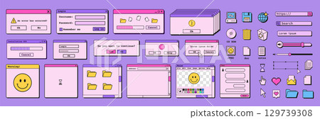 Retro vaporwave mobile and desktop interface UI set. 90s style dialog windows, chat bubbles, and icons. Flat Style Vector Illustration. 129739308