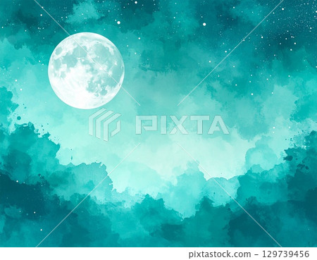 Turquoise watercolor Halloween background: Abstract and fantastical night sky illustration for adults 129739456