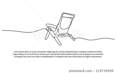 One line of lounge chairs on the beach. Abstract minimal continuous line. 129739489