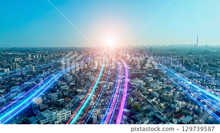 城市景觀與延伸至未來的光帶 129739587