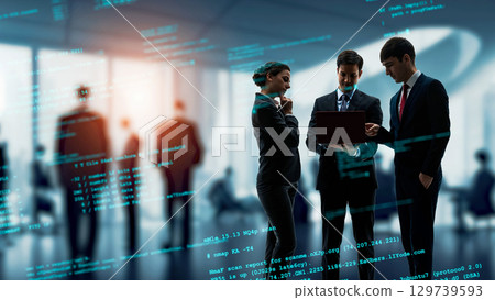 Multinational business people meeting in office and digital data image 129739593