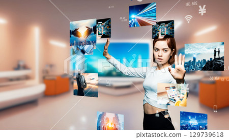 操縱 3D 影像的女人 操縱 3D 影像的女人 129739618