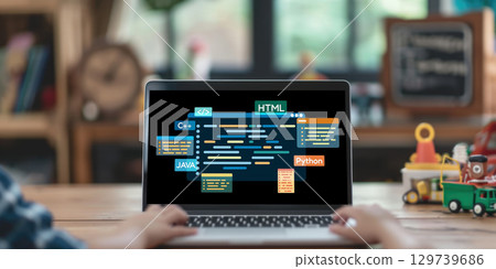 Software development or programming work with coding screen brisk 129739686