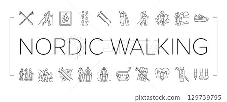 nordic walking exercise outdoor icons set vector nordic walking exercise outdoor icons set vector 129739795