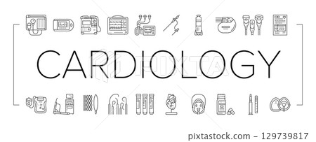 cardiology accessories ecg icons set vector 129739817