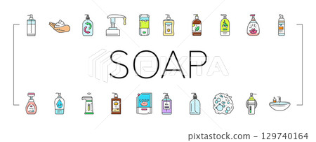 liquid soap cleanser hygiene icons set vector 129740164
