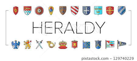 medieval heraldry shield icons set vector 129740229